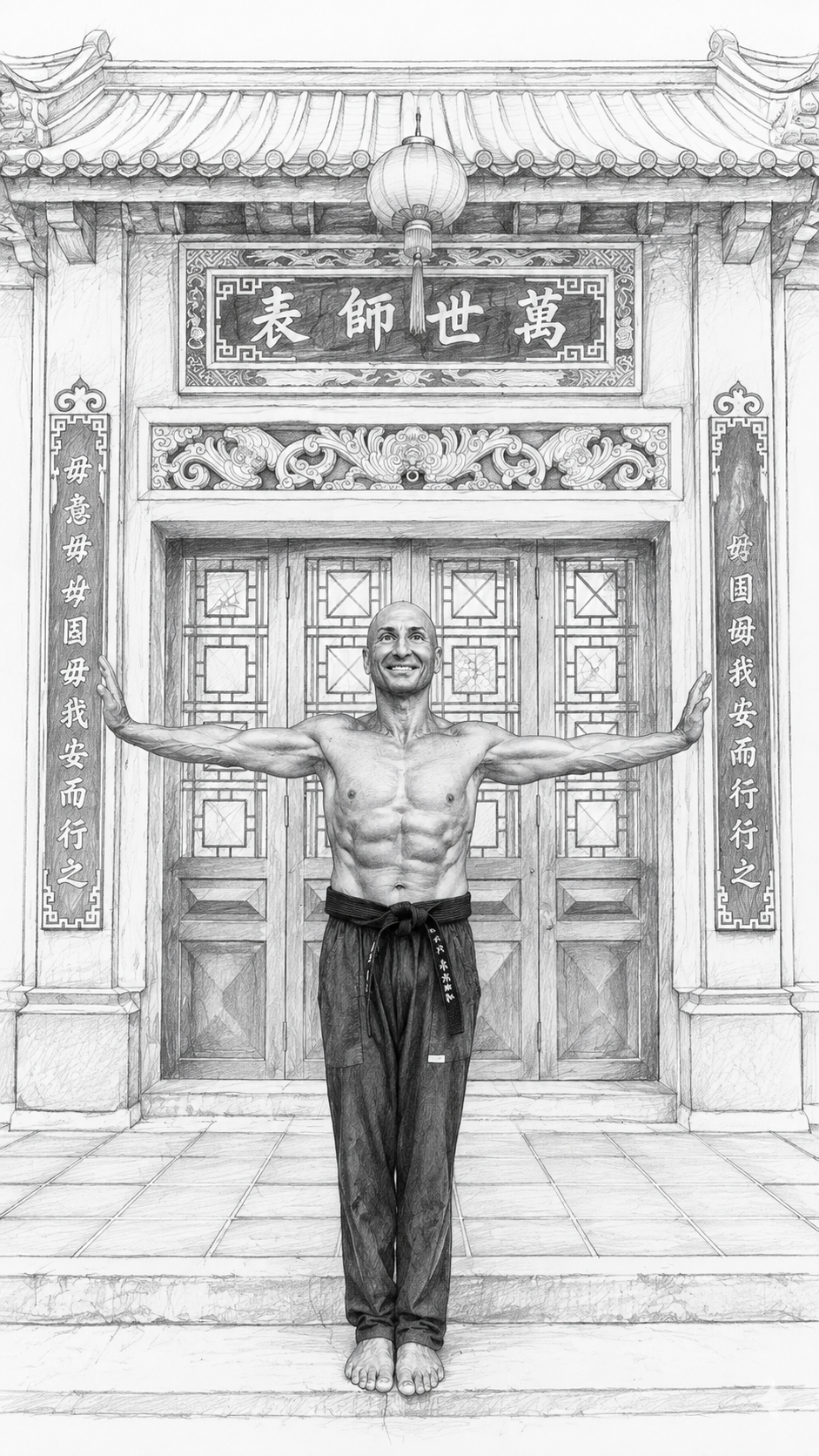Grand Maître Olivier Sicard, bras ouverts, devant un temple traditionnel